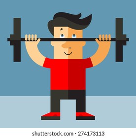  Hipster man  lifting weights.Vector illustration Flat style