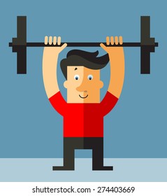  Hipster man  lifting weights.Vector illustration Flat style