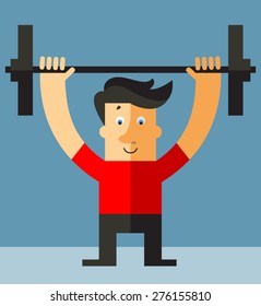  Hipster man  lifting weights.Vector illustration Flat style