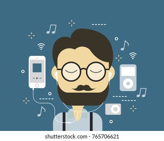 Hipster man listen to the music, Music players in 2000s, Smart phone with music streaming technology, Flat vetor, Illustration