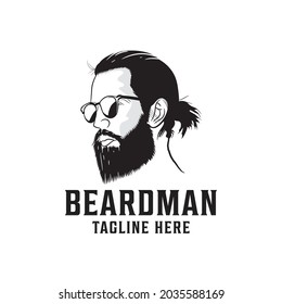 Hipster man logo design in sunglasses. Long haired hipster man logo. A man with a beard is facing to the right