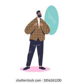 Hipster man looking in mirror after haircut or beard trimming in modern barbershop salon. Male hairdressing salon client. Cartoon flat vector illustration