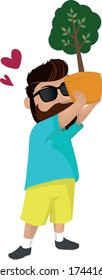 Hipster Man loving with Tree