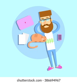 Hipster Man Lying With Cat Laptop Cell Smart Phone Flat Top Angle View Vector Illustration