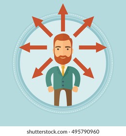 A hipster man with many arrows in different directions around his head. Man choosing career way or solution of a business problem. Vector flat design illustration in the circle isolated on background.