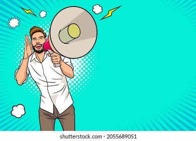 Hipster Man And Megaphone With Empty Space  In Retro Vintage Pop Art Comic Style