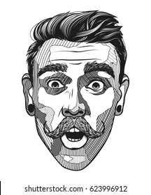 Hipster a man with a mustache looks surprised. Portrait of young man with shocked facial expression. Black and white hand-drawn vector illustration.
