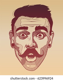 Hipster A Man With A Mustache Looks Surprised. Portrait Of Young Man With Shocked Facial Expression. Black And White Hand-drawn Vector Illustration.