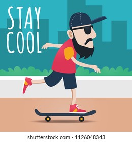 Hipster Man on Skateboard