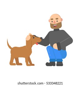 Hipster man petting a dog cute dog in cartoon style. 