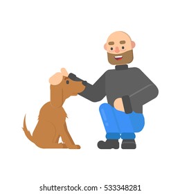 Hipster man petting a dog cute dog in cartoon style. 