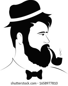 
hombre hipster con una pipa en un sombrero y una corbata con barba y bigote exuberante