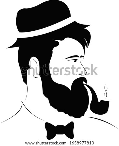 
hipster man with a pipe in a hat and a bow-tie with a lush beard and mustache