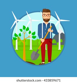 Un hipster planta un árbol. Hombre parado con una pala cerca de un árbol recién plantado. Hombre plantando un árbol en un fondo de turbinas eólicas. Ilustración de diseño plana vectorial en el círculo aislado en el fondo.