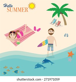Hipster man play the surf board and girl sun bathing on the beach