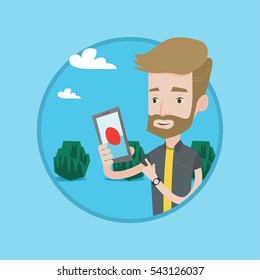 Hombre hipster jugando a la acción en el smartphone. Hombre jugando con su teléfono móvil al aire libre. Hombre usando smartphone para jugar. Ilustración de diseño plana vectorial en el círculo aislado en el fondo.