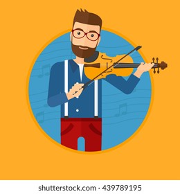 Hipster man playing violin. Violinist playing classical music on violin. Man with violin on a blue background with music notes. Vector flat design illustration in the circle isolated on background.