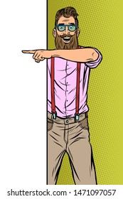 hipster man. Point to copy space poster. Pop art retro vector Illustrator vintage kitsch drawing