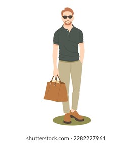hipster man posing in casual outfits bring bag illustration