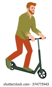 Hipster man rides a kick scooter vector illustration in flat sty