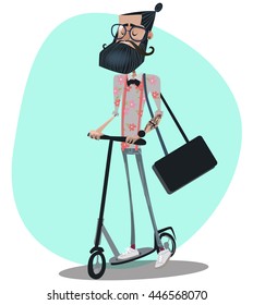 Hipster man rides a kick scooter 