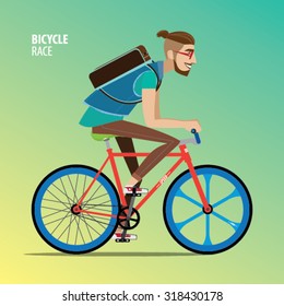 Hipster man rides on a fix gear bike, side view