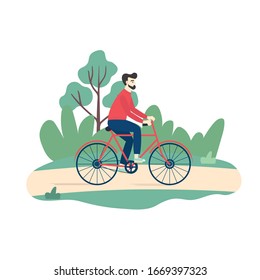 Hipster man riding bicycle in the park. Healthy Lifestyle, Eco Transportation. Flat cartoon vector illustration.