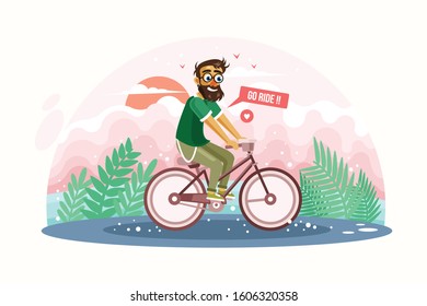 Hipster Man Riding Bicycle Vector Illustration Road Background