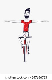 Hipster man riding a bike without holding the handlebars. Vector illustration.