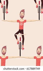 Hipster man riding a bike without holding the handlebars. Feel the Summer. Calligraphic retro vector illustration.