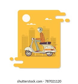 Hipster man riding fast retro scooters.Modern thin linear stroke vector illustration