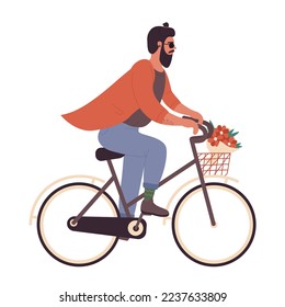 Hipster man riding on bicycle. Cool stylish man doing sport activity vector illustration