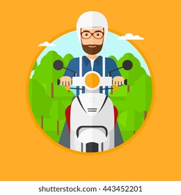 A hipster man riding a scooter on the asphalt road on the background of forest. Young man in helmet driving a scooter. Vector flat design illustration in the circle isolated on background..