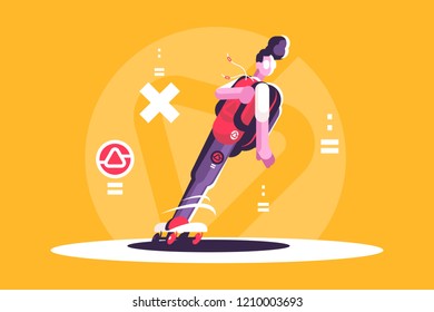 Hipster man riding skateboard. Young guy skateboarding active lifestyle concept. Flat. Vector illustration.