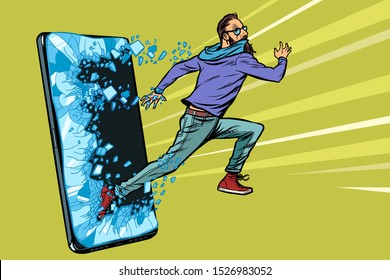 hipster man running Phone gadget smartphone. Online Internet application service program. Pop art retro vector illustration drawing vintage kitsch