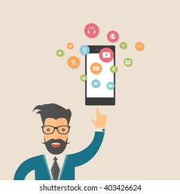 hipster man showing a blank smart phone with icon cloud illustration