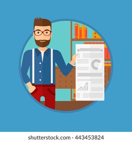 A hipster man showing his business presentation with some text and charts. Man giving a business presentation in the office. Vector flat design illustration in the circle isolated on background.