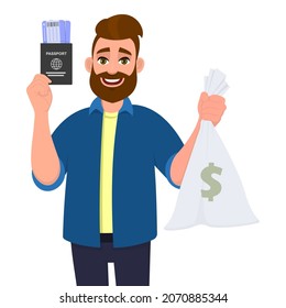 Hipster man showing passport and tickets. Young person holding cash bag. Money sack with dollar sign or symbol. Male character design concept illustration. Modern lifestyle in vector cartoon style.