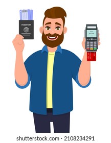 Hipster man showing passport and tickets. Young person holding credit card machine. Male character with POS terminal. Digital payment. Modern lifestyle design concept illustration. Vector cartoon.