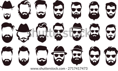 Hipster Man Silhouettes with Hats and Beards mustache Vector. Man beard face silhouette collection illustration showing male hairstyle avatar vector
