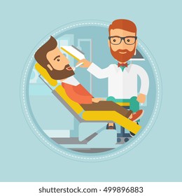 Hipster man sitting in chair at the dental office. Doctor and patient in the dental clinic. Patient on reception at the dentist. Vector flat design illustration in the circle isolated on background.