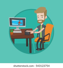 Hipster man sitting at desk and drawing on graphics tablet. Young graphic designer using digital graphics tablet, computer and pen. Vector flat design illustration in the circle isolated on background