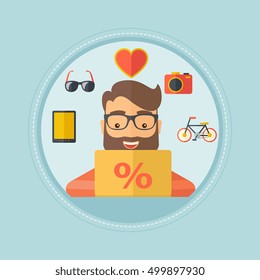 A hipster man sitting in front of laptop and some images of goods around him. Man doing online shopping. Man buying on internet. Vector flat design illustration in the circle isolated on background.