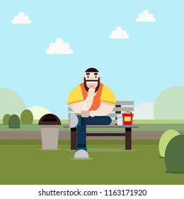 Hipster man sitting in the park. Flat design.