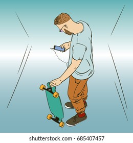 Hombre hipster con skateboard usando smartphone, vista desde arriba, ilustración vectorial dibujada a mano, esbozo de esquema de color