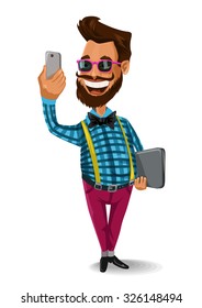  hipster man  with smartphone phone  make photo of himself.man selfie