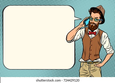 Hipster man with a smartphone. Pop art retro vector vintage illustrations