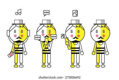Hipster man with smartphone. set of flat line character design. vector illustration 
