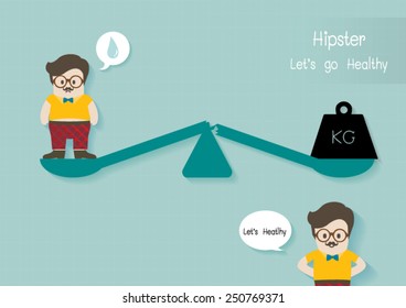 Hipster man stand on broken balance vector cartoon.