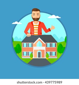 A hipster man standing behind the house and showing thumb up. Real estate agent offering the house. Young man giving thumb up. Vector flat design illustration in the circle isolated on background.
